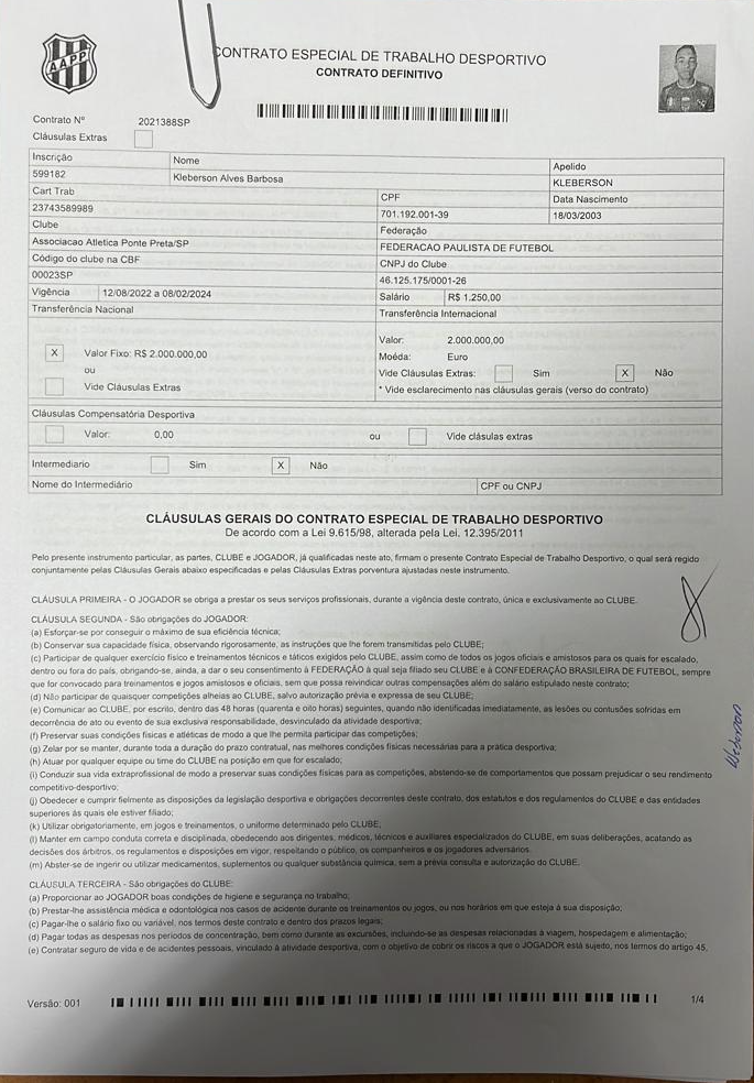 CONTRATO ESPECIAL DE TRABALHO DESPORTIVO - KLEBERSON ALVES BARBOSA                                                                                                                                                                                            